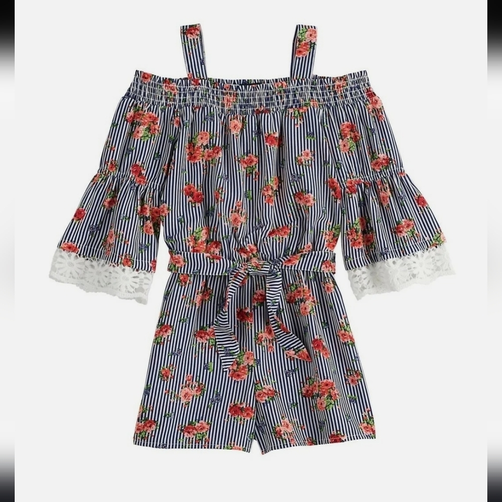 My Michelle Blue and White Striped Floral Romper